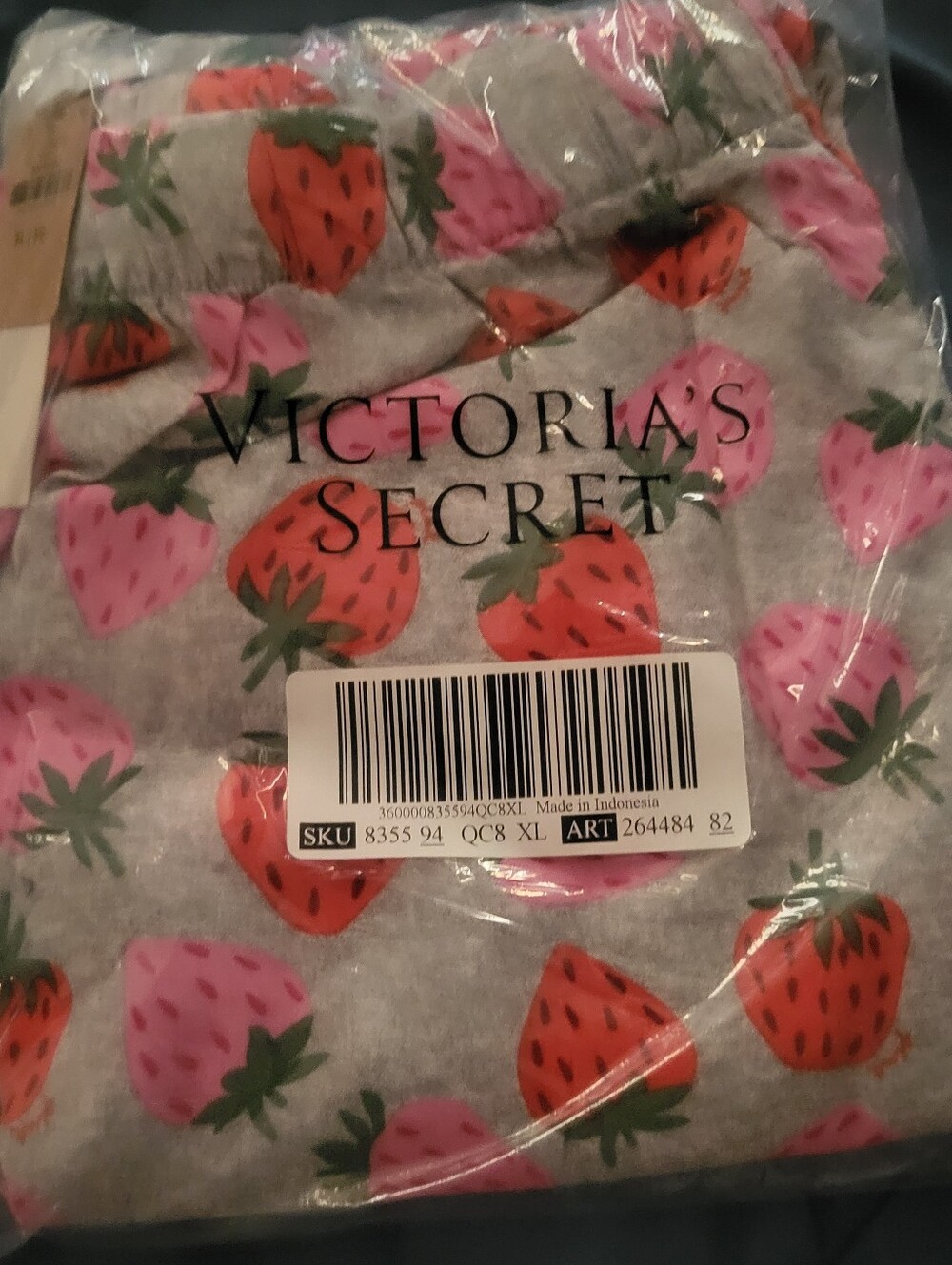 Victoria's Secret Pink Grey Strawberry Print Pajama Pant~Size Xl~NWT.